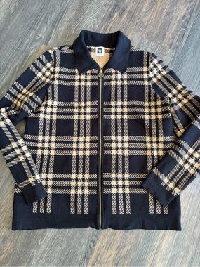 Anne Klein Black and Cream Plaid Zip-Front Sweater Jacket